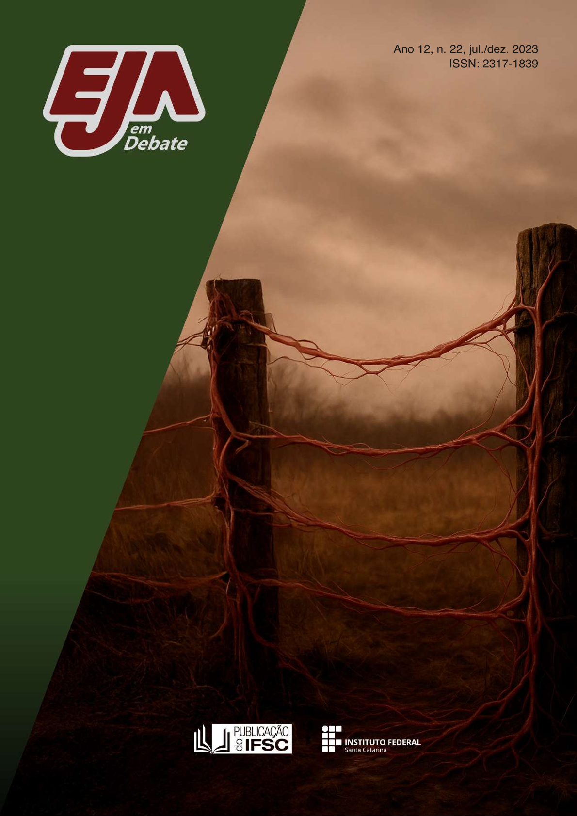 A capa apresenta o desenho realista de uma cerca, cujos "arames" são feitos com veias corporais, as quais recebem e levam sangue pelo corpo humano. O céu está nublado, mas a terra está seca, com um fundo amarronzado. A capa dialoga com a discussão sobre EJA e TERRITORIALIDADE que é feita no editorial desta edição.